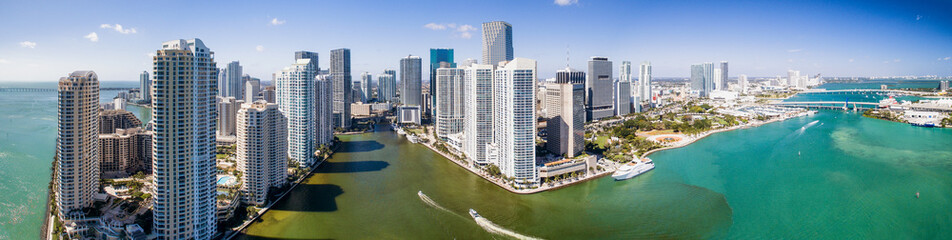 Panoramic aerial view of Downtown Miami and Brickell Key, Florida