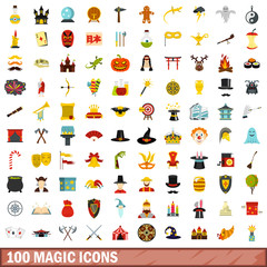 100 magic icons set, flat style