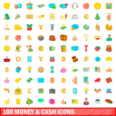 100 money and cash icons set, cartoon style