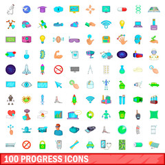 100 progress icons set, cartoon style