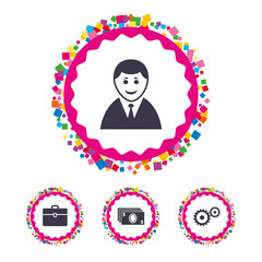 Businessman signs. Human and cash money icons.