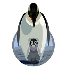A graphic vector rendering of an adult nurturing a baby penguin
