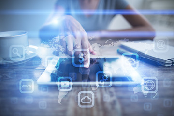 Business and technology concept on virtual screen. mock up. template for text. 