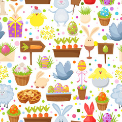 Easter seamless background.Religious holiday pattern from rabbit, pigeon, colored eggs, chickens and other traditional symbols of Easter - 142373020