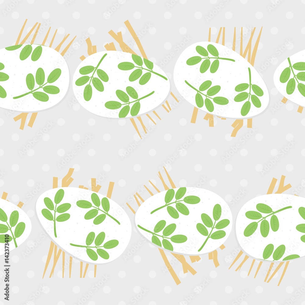 Poster messy white eggs with green leaf motif horizontal rows on hay, vector easter seamless pattern on lig