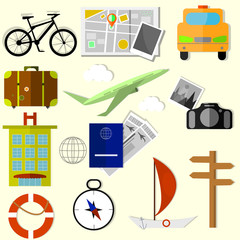 Travel object set in flat design. Summer holidays.