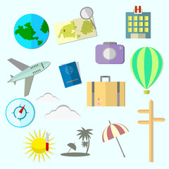 Travel object set in flat design. Summer holidays.