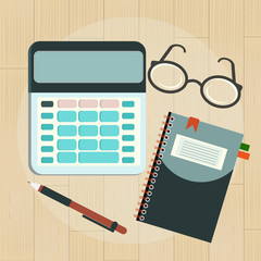 Calculator and office items in flat design on realistic background