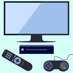 Vector Flat style LED TV, remote control and game console