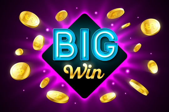 Big Win bright casino banner with big win inscription sign on bright background and explosion of cold coins flying around