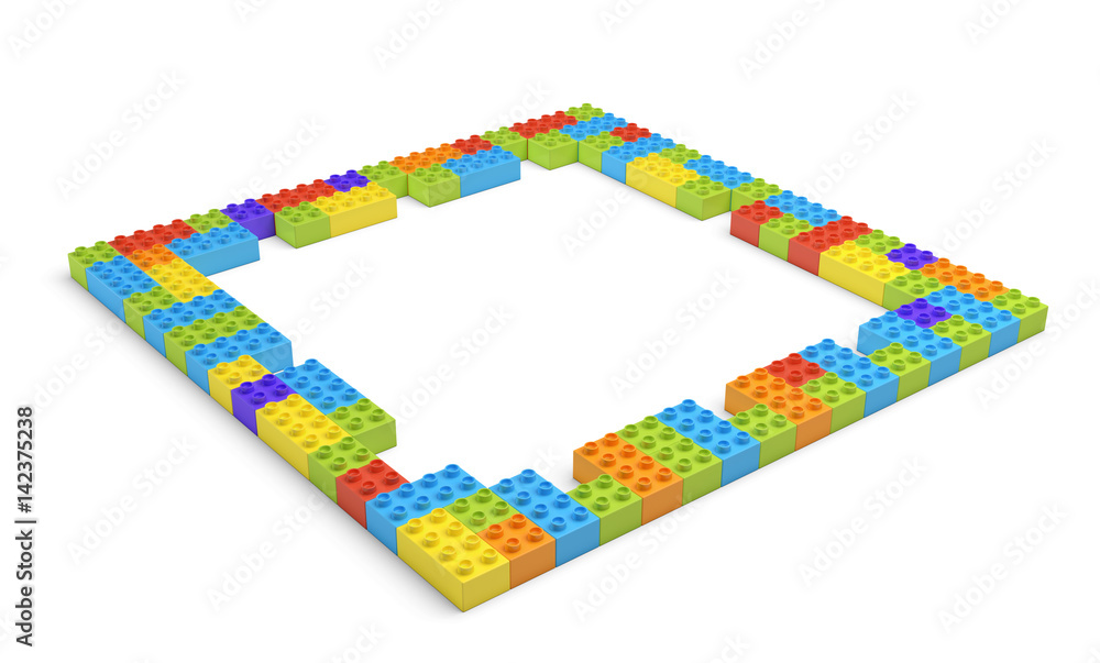 Poster 3d rendering of many blocks in different colors making up one hollow square shape