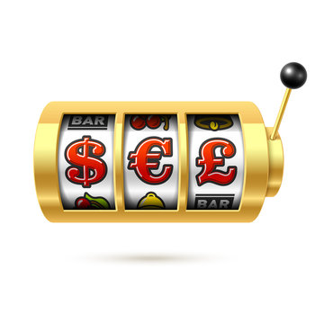 Dollar, Euro and Pound currency symbols on slot machine. Gambling games, casino banner design element