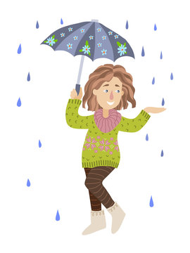 Cute girl with an umbrella standing under a rain, vector illustration