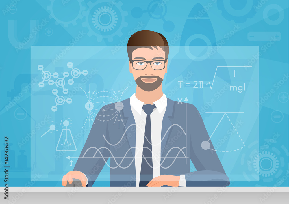 Poster Bearded man Physicist making the graphs formula on the computer vector illustration. Physics technology.