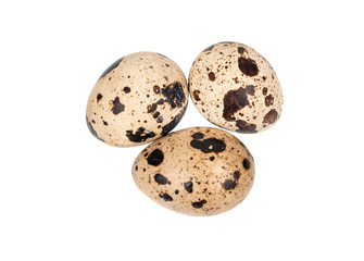Three raw quail eggs on a white background, top view