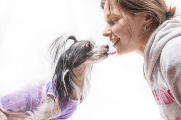 Dog licks the girl  