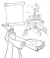 Coloring Wizard with magic book, castle and parchment