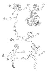 Fototapeta na wymiar Group of children, include the boy in the wheel chair during the sport activities, running and enjoying themselves. Illustration 