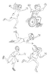Group of children, include the boy in the wheel chair during the sport activities, running and enjoying themselves. Illustration
