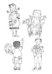 Group of children, include the boy in the wheel chair during the art lesson, drawing and enjoying activities. Illustration