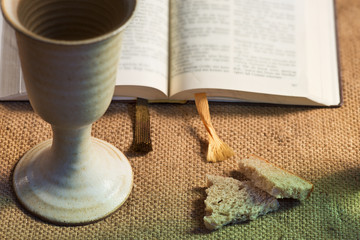 Chalice Of Wine With Bread And Holy Bible