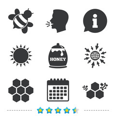 Honey icon. Honeycomb cells with bees symbol.