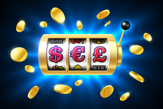 Dollar, Euro and Pound currency symbols on slot machine. Gambling games, casino banner with bright blue background and flying coins around