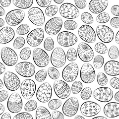 Seamless pattern. Easter eggs with flowers, butterflies, leaves, stars, abstract. Black and white image, easy to recolor. Coloring for children, anti stress therapy adult. Vector illustration.