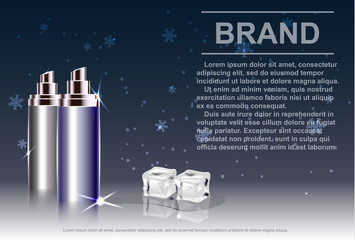 Cosmetic product, spray bottle, background with ice and falling snow.