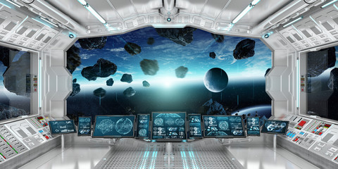 Fototapeta premium Spaceship interior with view on the planet Earth 3D rendering elements of this image furnished by NASA