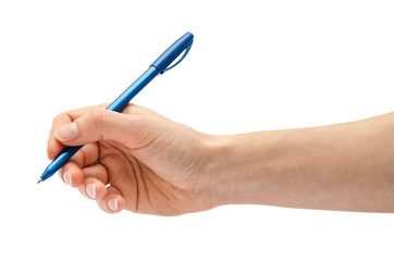 hand of girl holding pen.