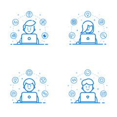 Vector illustration set of blue flat linear and outline style. Graphic design concept - web studio team.