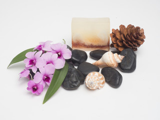 Plakat Aromatherapy product Spa set ,candle ,soap,coconut orchid flower,shell, massage with white wood background . top view composition.