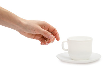 woman hand holding white cup.