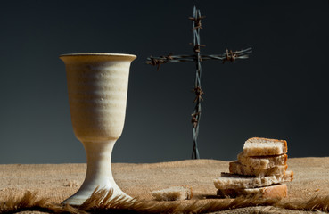 Chalice Of Wine With Bread And Cross
