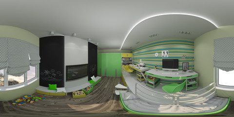 3d illustration of the interior design of the children's room in green and yellow colors. Render is executed, 360 degree spherical seamless panorama for virtual reality.