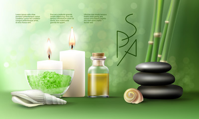 Obraz na płótnie Canvas Vector illustration of a realistic style, set for spa treatments with aromatic salt , massage oil, candles on the background of bamboo shoots. Excellent green advertising poster for the spa salon.
