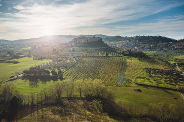 Skyline of the aerial view the term famous town Chianciano Terme, Italy