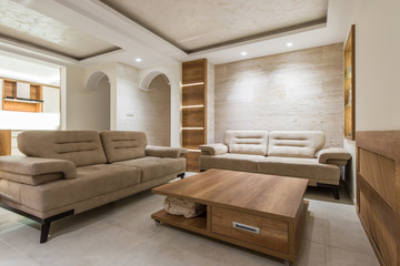 Sofas and wooden table in modern livig area