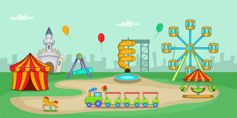 Amusement park horizontal banner, cartoon style