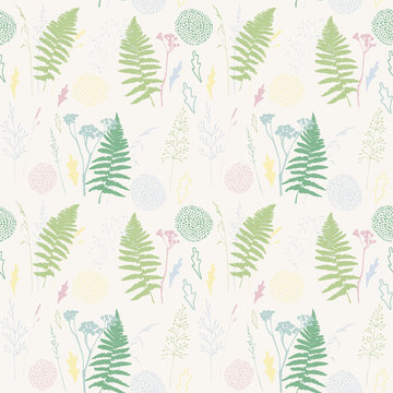 Vector floral seamless pattern with  wild meadow grasses, fern leaves and stylized flowers outlines . Pink, yellow, blue, green and gray plants on beige background.