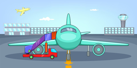 Airport airfield horizontal banner, cartoon style