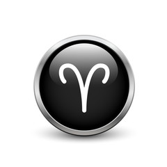Aries zodiac symbol, black button with metal frame and shadow