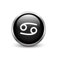 Cancer zodiac symbol, black button with metal frame and shadow