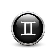 Gemini zodiac symbol, black button with metal frame and shadow