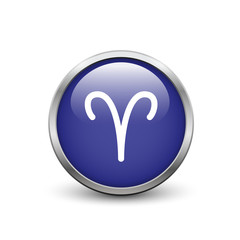 Aries zodiac symbol, blue button with metal frame and shadow