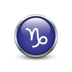 Capricorn zodiac symbol, blue button with metal frame and shadow
