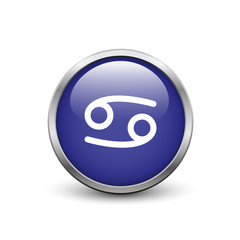 Cancer zodiac symbol, blue button with metal frame and shadow