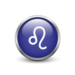 Leo zodiac symbol, blue button with metal frame and shadow