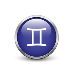Gemini zodiac symbol, blue button with metal frame and shadow